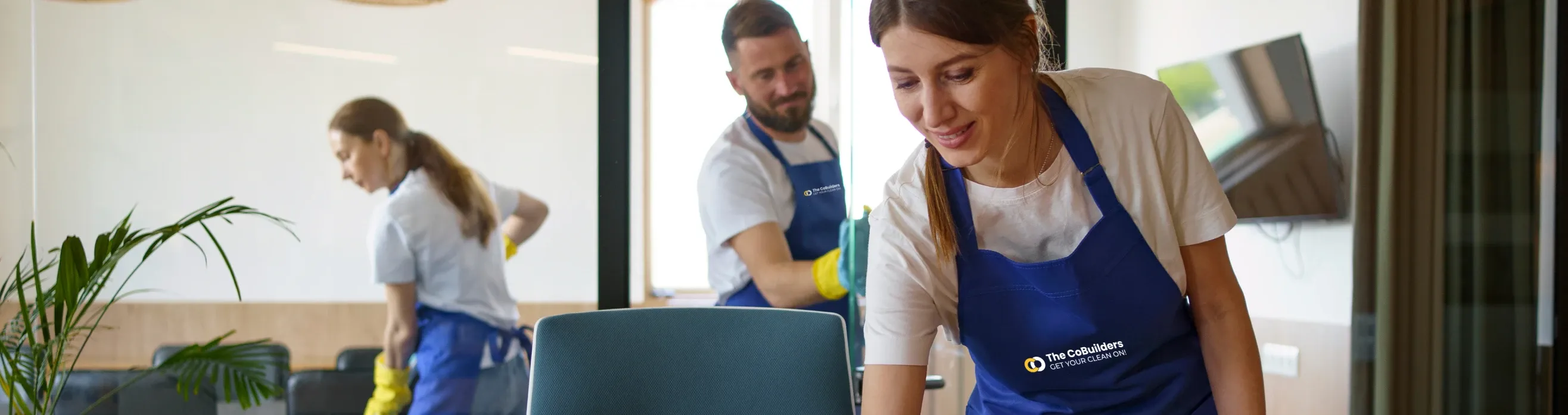 Happy cleaners cleaning a house